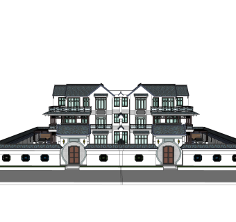 中式联排别墅su模型，别墅sketchup模型下载
