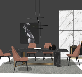 现代轻奢餐桌椅su模型，家用餐桌椅客厅桌子草图大师模型下载