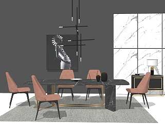 现代轻奢餐桌椅su模型，家用餐桌椅客厅桌子草图大师模型下载