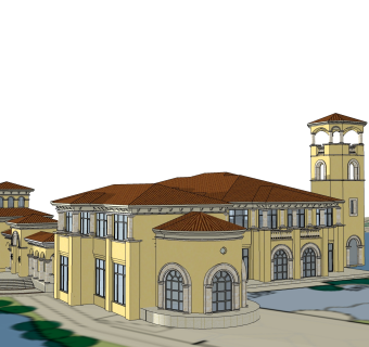傍水外国欧式别墅外观草图大师模型，SU模型免费下载