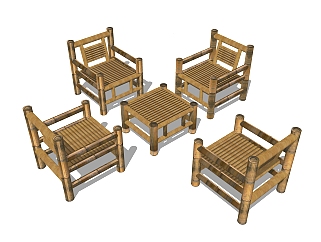 现代桌椅组合su模型，竹制品草图大师模型下载
