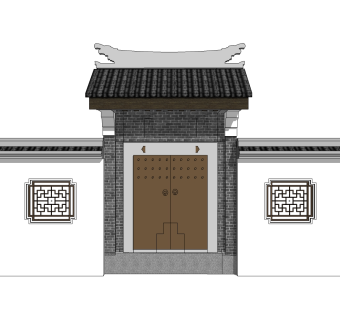 中式院门院墙草图大师模型，院门院墙sketchup模型免费下载