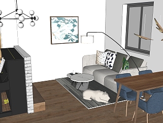 北欧全景室内装修su模型，客厅sketchup模型下载