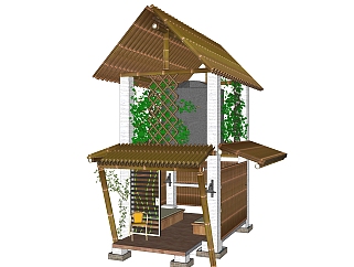 现代竹制屋子su模型，竹制品草图大师模型下载