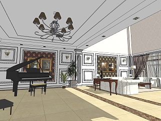  现代美式 客厅草图大师模型，客厅sketchup模型下载
