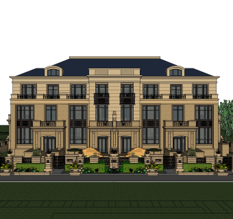 法式连排别墅su模型分享下载，sketchup别墅外观草图大师模型
