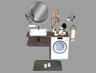 现代卫浴洗手台洗衣机摆件组合skp文件，洗手台草图大师模型下载