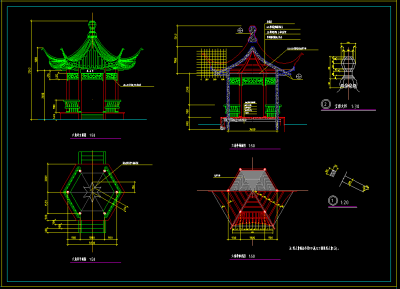 古建双亭建筑cad施工图，观景亭cad竣工图下载