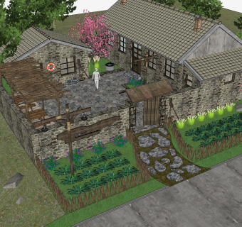 毛石民宿建筑场景sketchup模型下载