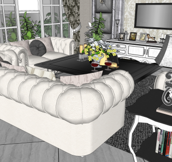 欧式轻奢客餐厅su模型，客餐厅沙发茶几sketchup模型下载