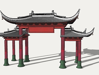 中式园林入口sketchup模型下载，园林入口草图大师模型