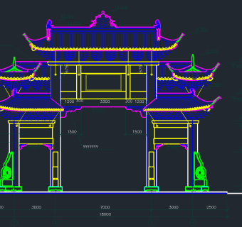 四柱五楼古建筑牌楼CAD图纸，古建筑牌楼CAD建筑图纸下载