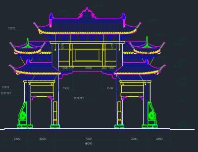 四柱五楼古建筑牌楼CAD图纸，古建筑牌楼CAD建筑图纸下载