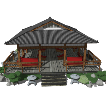 日式庭院建筑SU模型，庭院建筑SKB文件下载