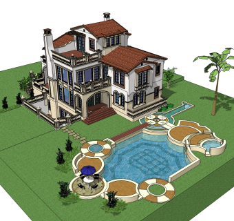 欧式泳池别墅草图大师模型，别墅SU模型下载