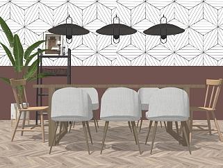 北欧实木餐桌椅组合su模型，餐桌sketchup模型下载