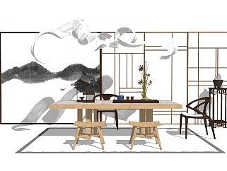 新中式桌椅组合su模型，桌椅组合草图大师模型下载