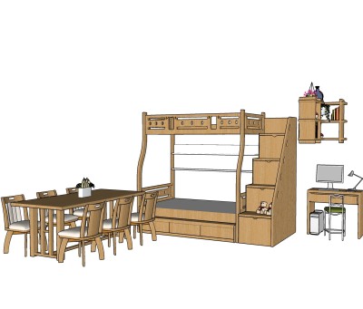 现代实木儿童高低床免费su模型，儿童床skb文件下载