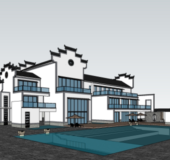 新中式独栋别墅su模型免费下载，别墅sketchup模型下载