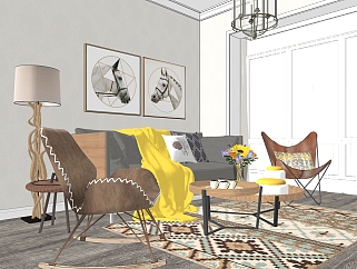 现代<em>单身</em>公寓客厅，客厅sketchup模型下载