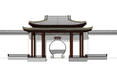 中式院门院墙草图大师模型，院门院墙sketchup模型免费下载