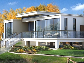 一层半现代风别墅设计，自建房施工户型效果图纸下载