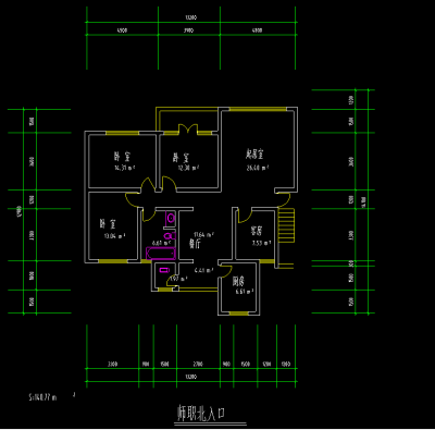 现代简约三室两厅cad图纸，户型图cad竣工图下载