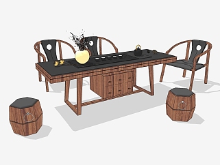 新中式茶桌<em>椅组合</em>su模型，茶桌sketchup模型下载