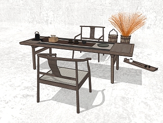 <em>新中式</em>茶桌椅组合su模型，茶桌sketchup模型下载