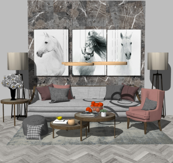 现代布艺沙发组合su模型，沙发组合skp模型下载