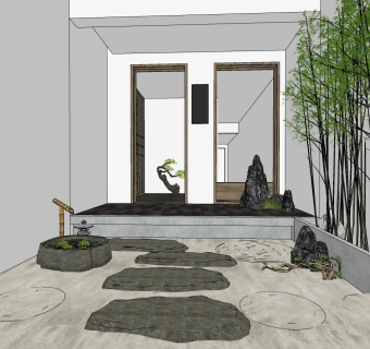 中式枯山水园艺小品草图大师模型，室外造型景观设计sketchup模型免费下载