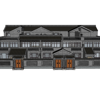 中式连排别墅su模型下载，别墅外观草图大师模型