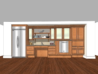 美式一字形橱柜草图大师模型，厨房柜sketchup模型免费下载