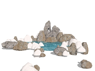 自然风假山流水小品草图大师模型，假山流水sketchup模型免费下载