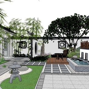現代中式庭院景觀草圖大師模型，庭院景觀sketchup模型skp文件分享