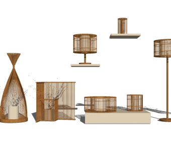 新中式落地灯台灯组合草图大师模型，落地灯台灯组合sketchup模型下载