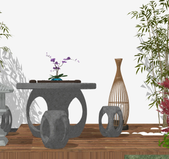 中式枯山水园艺小品草图大师模型，枯山水园艺小品sketchup模型下载