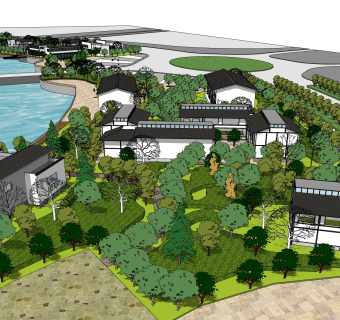 现代新中式别墅群草图大师模型，别墅sketchup模型