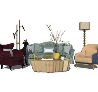 欧式沙发茶几组合su模型，沙发茶几组合sketchup模型下载