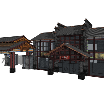 中式饭馆建筑草图大师模型，古建民俗sketchup模型免费下载