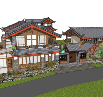 中式居住建筑草图大师模型，古建民俗sketchup模型免费下载