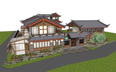 中式居住建筑草图大师模型，古建民俗sketchup模型免费下载