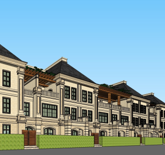 欧式连排别墅su模型免费下载，sketchup别墅草图大师模型