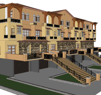 欧式连排别墅su模型方案下载，sketchup别墅草图大师模型