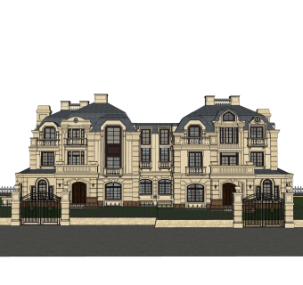 法式连排别墅su模型分享下载，sketchup别墅外观草图大师模型