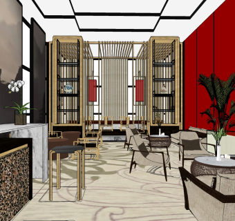 新中式售楼处休息区草图大师模型，售楼部建筑sketchup模型免费下载