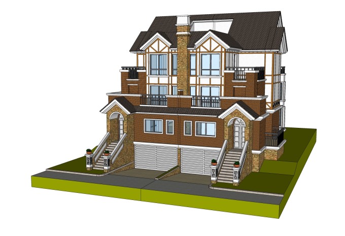 欧式联排别墅草图大师模型，别墅sketchup模型下载