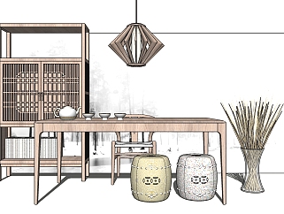 新中式茶桌椅组合su模型，茶桌sketchup模型下载