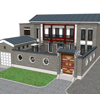 中式别墅建筑草图大师模型，古建民俗sketchup模型免费下载