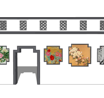中式景观墙SU模型下载，景观墙skb模型分享